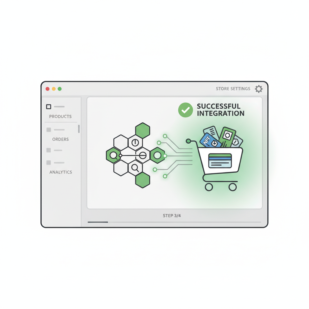 Shopify dashboard integrated with NFT blockchain, loyalty cards flowing into shopping cart, green success glow