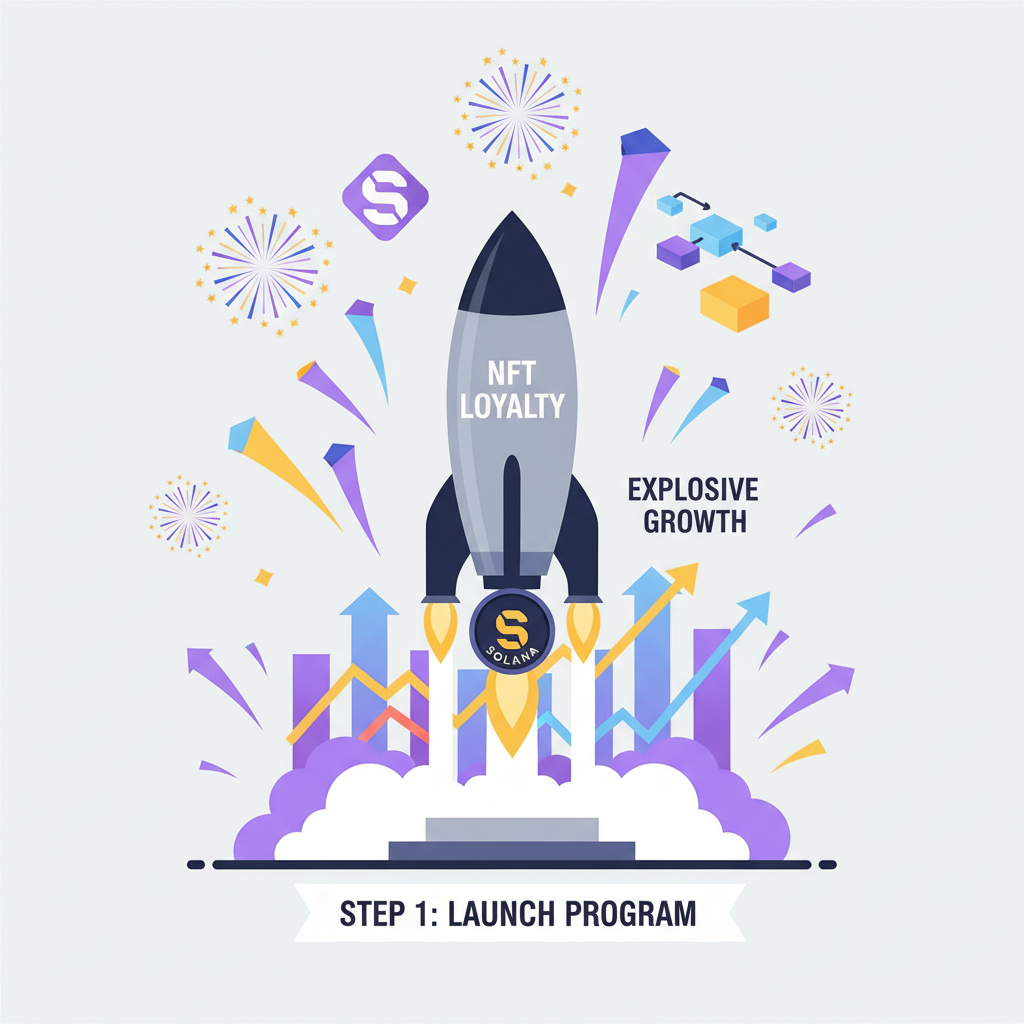 rocket launching NFT loyalty program, explosive growth charts, Solana blockchain fireworks