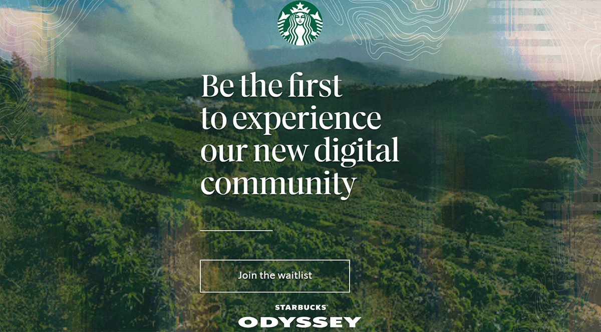 Screenshot of Starbucks Odyssey NFT loyalty program interface showing digital stamps earning and redemption process for blockchain rewards