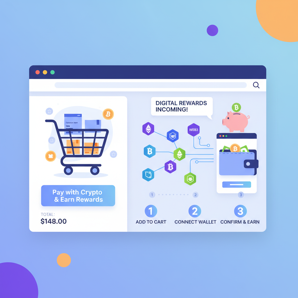 e-commerce shopping cart integrating with blockchain tokens, digital rewards flowing in, vibrant web3 interface