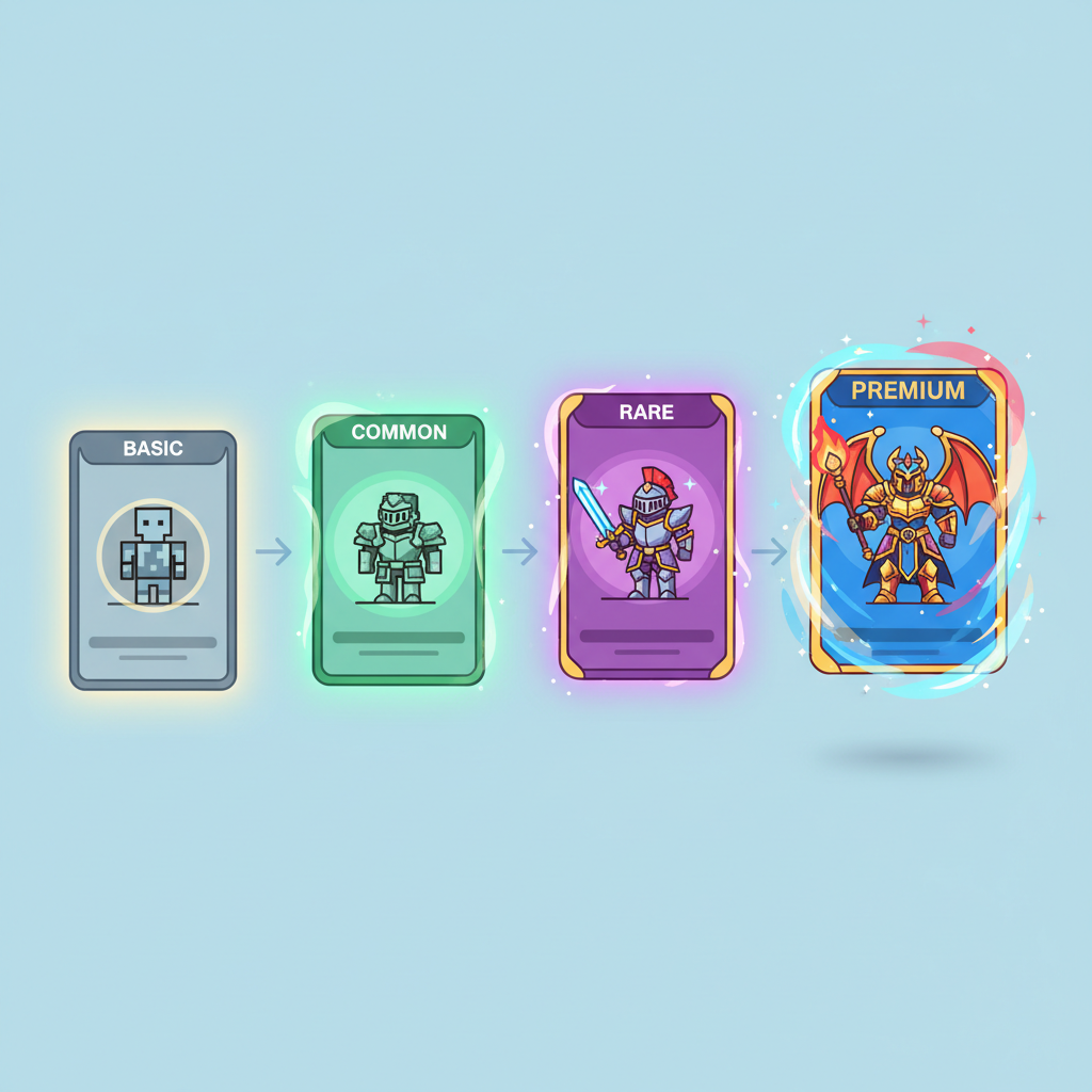 tiered NFT cards evolving from basic to premium with glowing upgrades