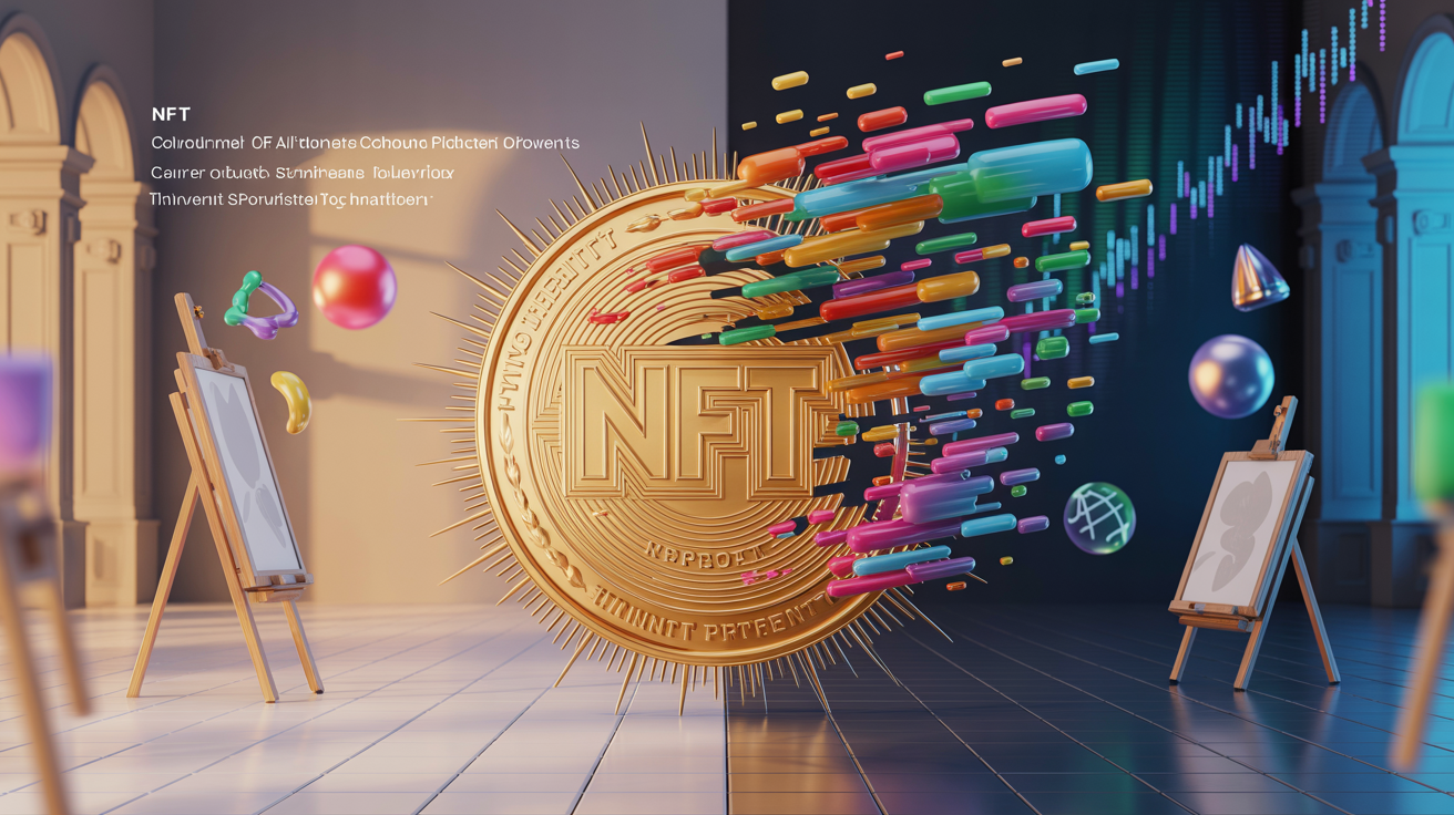 Vibrant digital illustration of colorful NFT loyalty cards being traded on a blockchain marketplace for e-commerce brands, showcasing tradable Web3 rewards