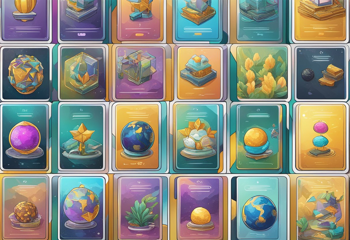 Vibrant digital illustration of NFT loyalty cards being traded on a blockchain marketplace for retail brands, showcasing blockchain rewards programs