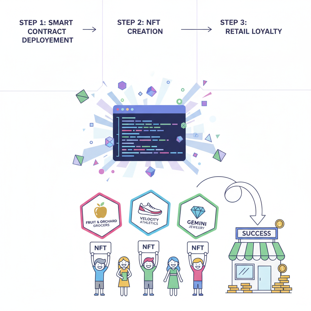 smart contract deploying on blockchain, code exploding into NFT loyalty cards, retail brand success vibe