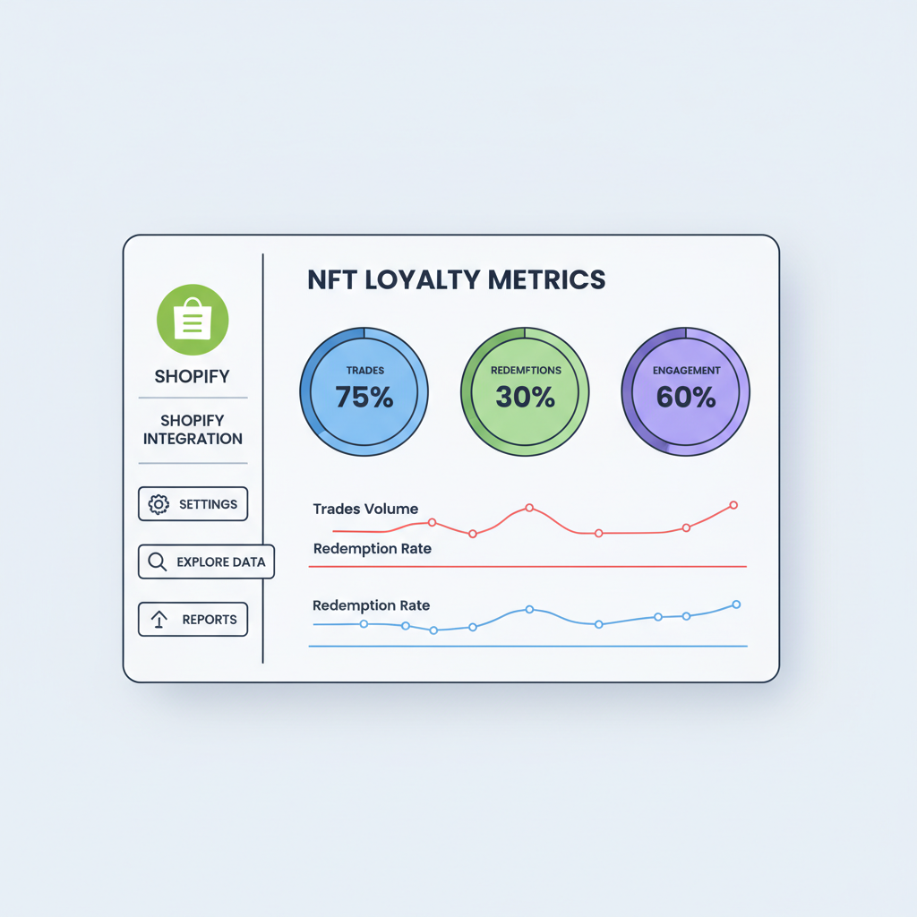 Analytics dashboard showing NFT loyalty metrics, graphs of trades redemptions engagement, Shopify integration, data visualization