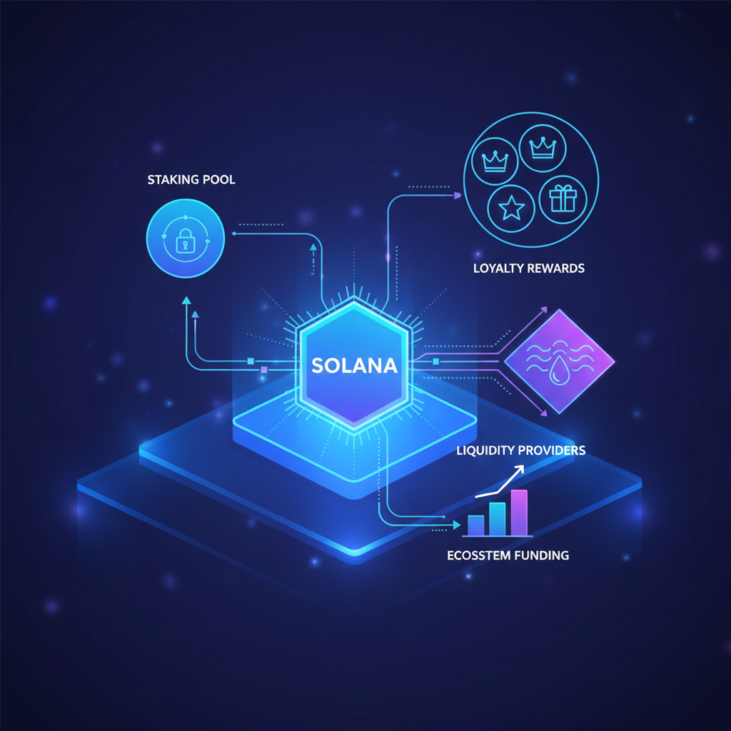 futuristic tokenomics chart glowing on Solana blockchain, loyalty rewards icons, vibrant blues and purples