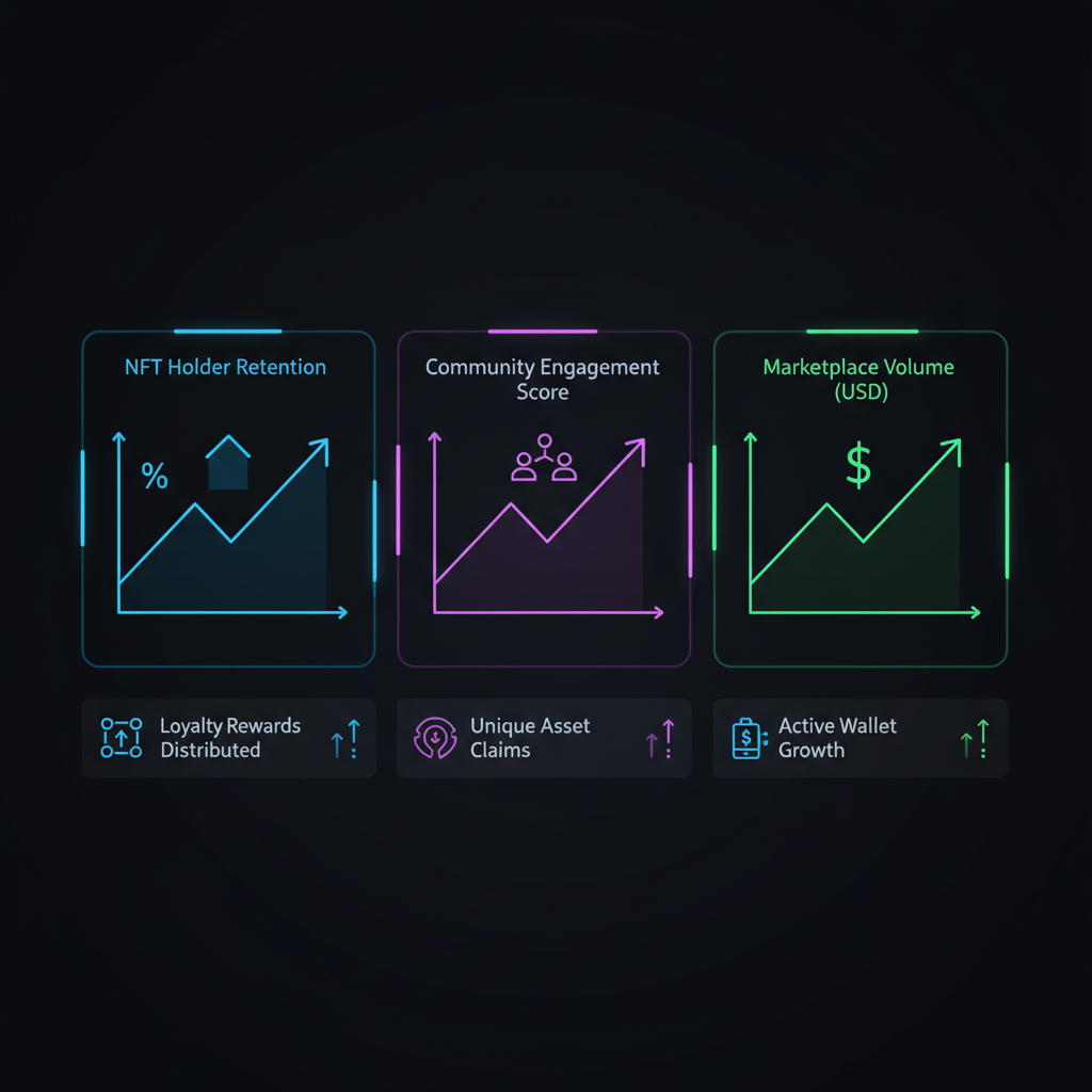 analytics dashboard showing NFT loyalty metrics graphs spiking upwards, data viz neon